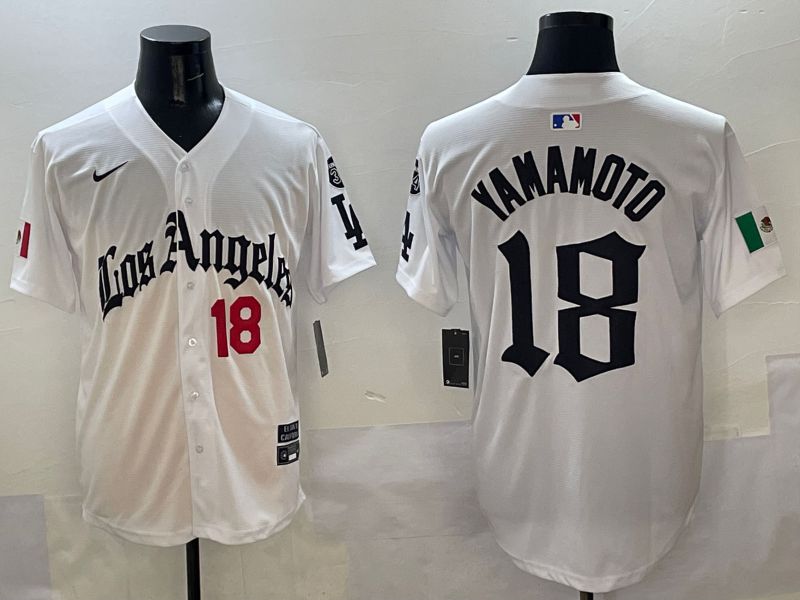 Men Los Angeles Dodgers 18 Yamamoto White Five generations Joint Name 2025 Nike MLB Jersey style 4